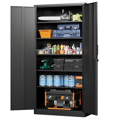 Letaya Metal Garage Storage Cabinets with Lock-72 Tall Tool Organizer Steel Lockers, 5 Adjustable Layers Shelves for Home,Office,Warehouse,Garage,(Black-72“)