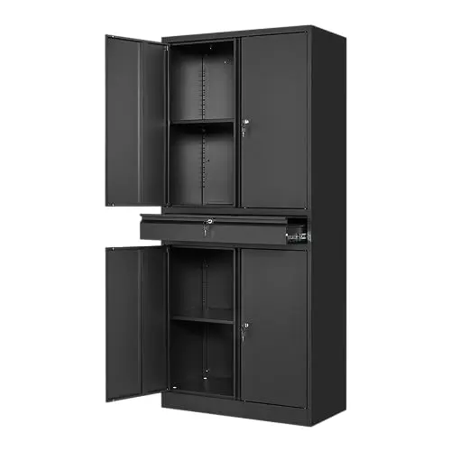 Yizosh Metal Garage Storage Cabinet with Locking Doors and Adjustable Shelves, 71" Tool Storage Cabinet with 1 Drawer for Garage,Warehouse (Black)