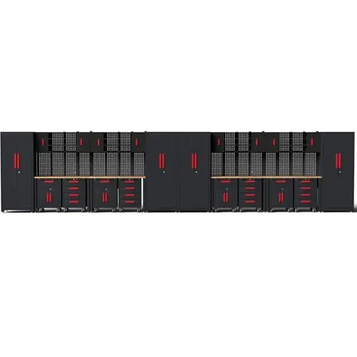 Tsnritor 24Pcs Garage Cabinet Storage System, Heavy Duty Workshop Set Includes Workbench, Pegboard & Lockable Drawers Metal Tool Organization System for Garage Workshop