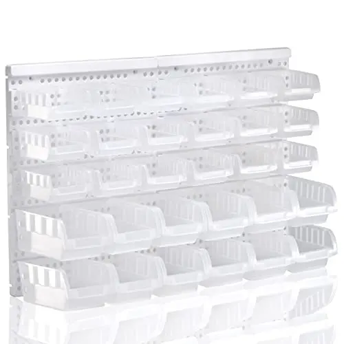 Small parts organizer bins illustrating compartment sizes for garage hardware