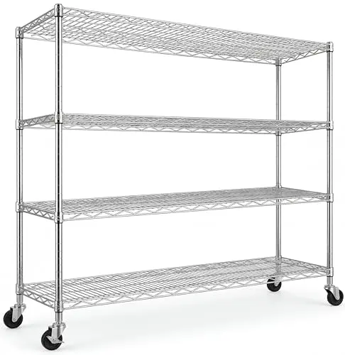 Mapleyard Chrome Storage Shelves with Wheels 55.5" W Garage Shelving Heavy Duty 4 Tier Adjustable Wire Shelving Unit Metal Shelving for Garage Pantry Commercial Basement,55.5" Wx24 Dx76 H