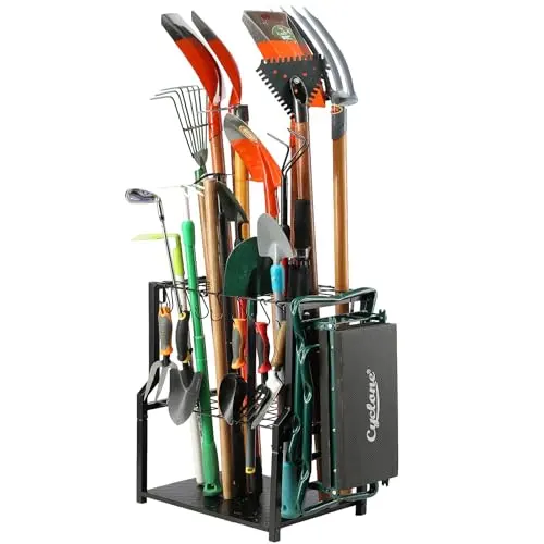 YueTong Garden Tool Organizer Heavy Duty,Yard Tool Tower Rack,Garage Storage Organization for Long Handle Tools,Rake,Brooms,Extra Hooks for Small Shovel,Shear.All Metal,Free Standing.