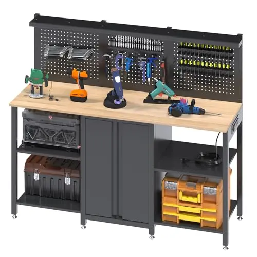 JFHID 60’’ Workbench and Garage Cabinet Storage System 2000LBS Heavy Duty Work Bench Table with Top Storage Panel Wrench Holder Hammer Rack Hooks Screwdriver Rack Charge Station Tool Organizer