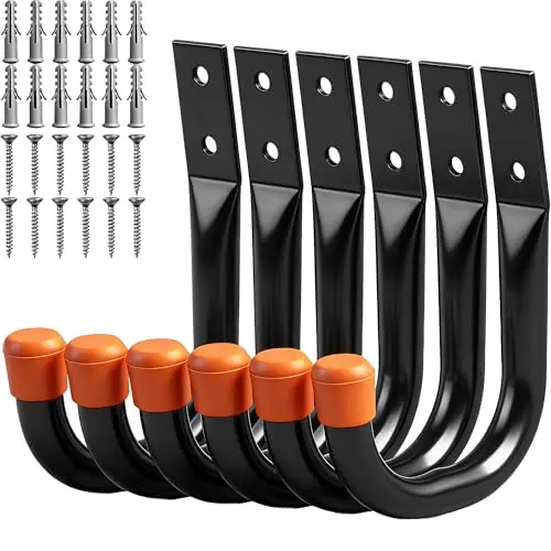 HORUSDY 6-Pack Heavy Duty Metal Wall Hooks, Large Garage Storage & Organization Hooks for Tools, Extension Cords, Ladders, and Bags, Wall Mount J Hooks for Indoor Outdoor Use, Black