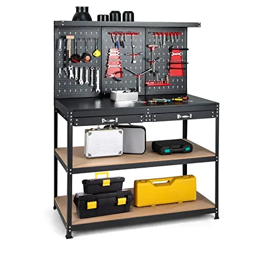 Goplus Work Bench with Storage, 48" x 24" Work Table with Pegboard, 2 Drawers, Hanging Accessories, Topping Space, 4-Tier Heavy Duty Metal Tool Storage Bench, Workbench for Garage, Workshop