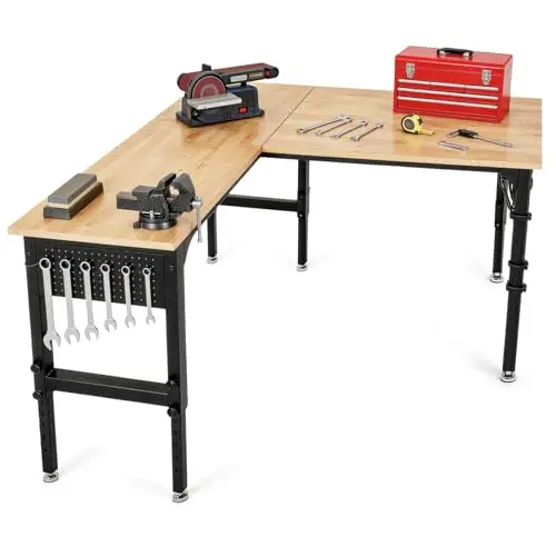 70"x47" L-Shaped Heavy Duty Work Bench, 3300 LBS Load Capacity Heights Adjustable Workbench, Work Benches for Garage with Power Outlet & Pegboard, Rubber Wood Work Table for Office, Workshop, Home