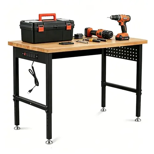 48/60/70 Inch Adjustable Workbench with Power Outlet Heavy Duty 2500 LBS Load Capacity Hardwood Work Table for Garage 6 Level Height Adjustable Workshop Bench (48"x24")