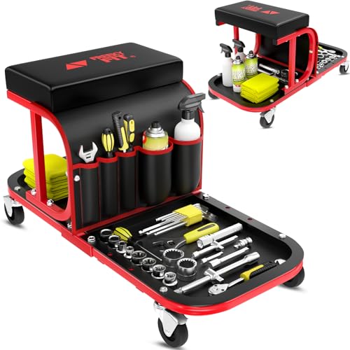 Rolling shop stool with wheels and tool tray compared with stationary shop stools