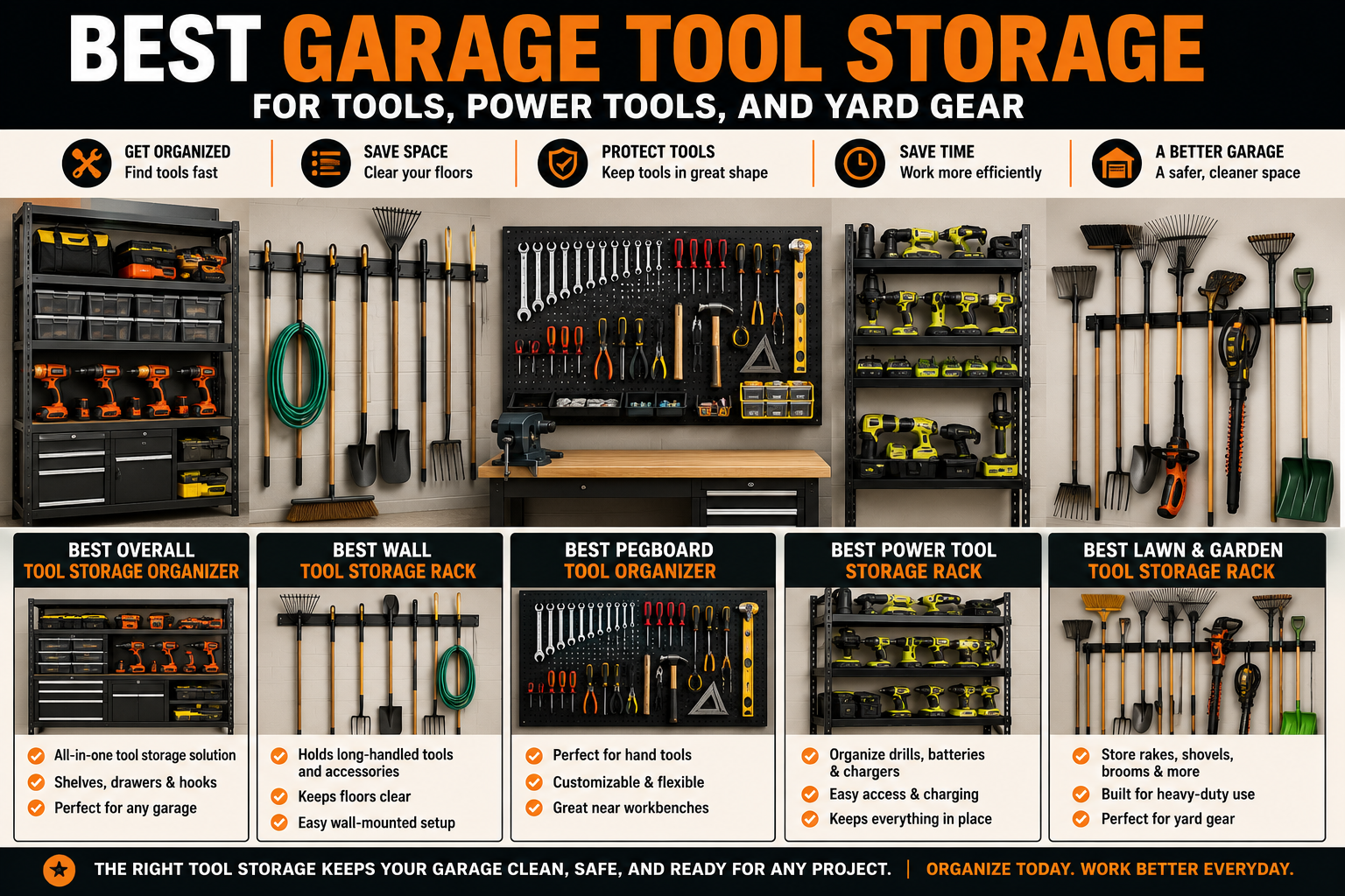 Best garage tool storage for hand tools, power tools, wall racks, pegboards, lawn tools, garden tools, and garage organization.