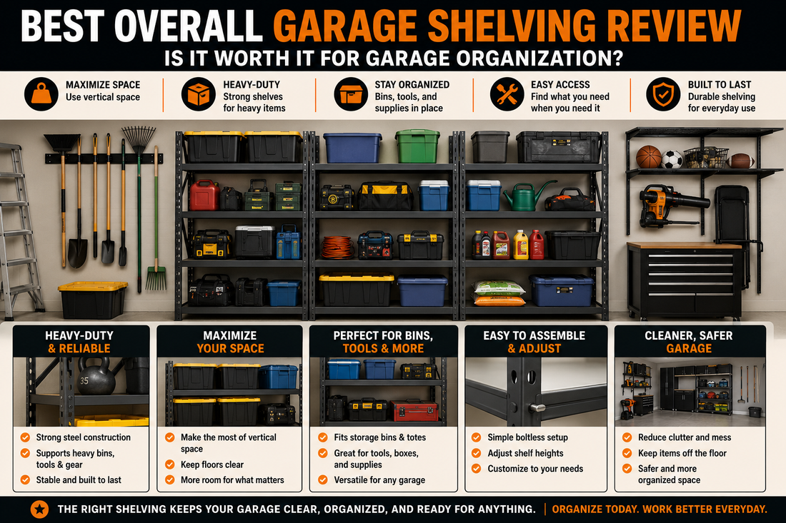 Best overall garage shelving review for storage bins, tools, heavy items, garage shelves, storage shelves, and garage organization.