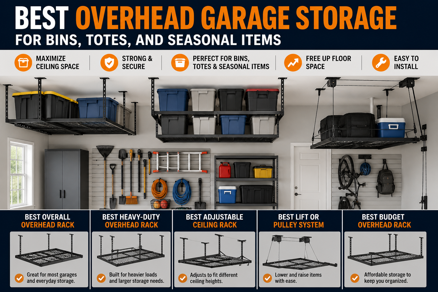 Best overhead garage storage for bins, totes, seasonal items, ceiling racks, heavy-duty garage storage, adjustable racks, pulley systems, and budget overhead storage.