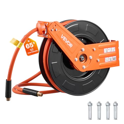 Retractable air hose reel with rubber hose for a garage compressor system