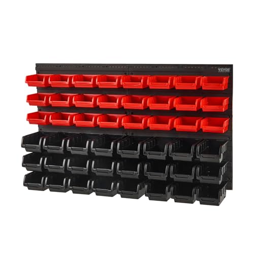 Wall-mounted small parts organizer with removable bins for screws, nuts, bolts, and hardware
