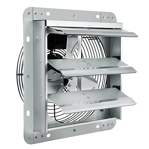 Wall-mounted shutter exhaust fan for garage airflow and ventilation