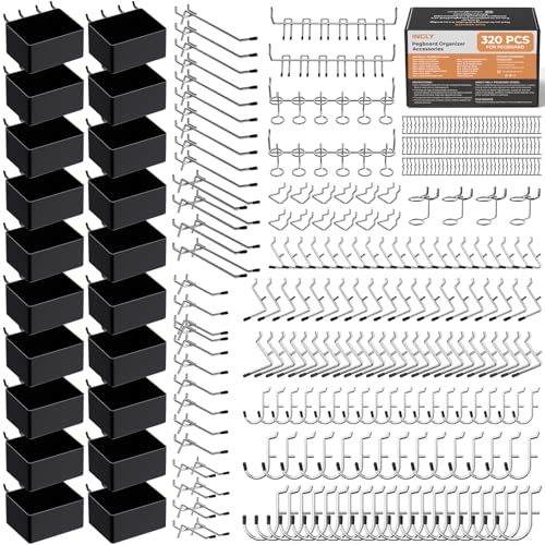 Pegboard accessory kit with hooks and bins for organizing garage tools