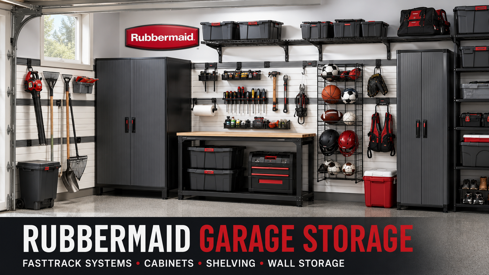 Rubbermaid garage storage collection featuring FastTrack wall storage systems, garage cabinets, shelving, tool racks, hooks, storage cabinets, and organized garage storage.