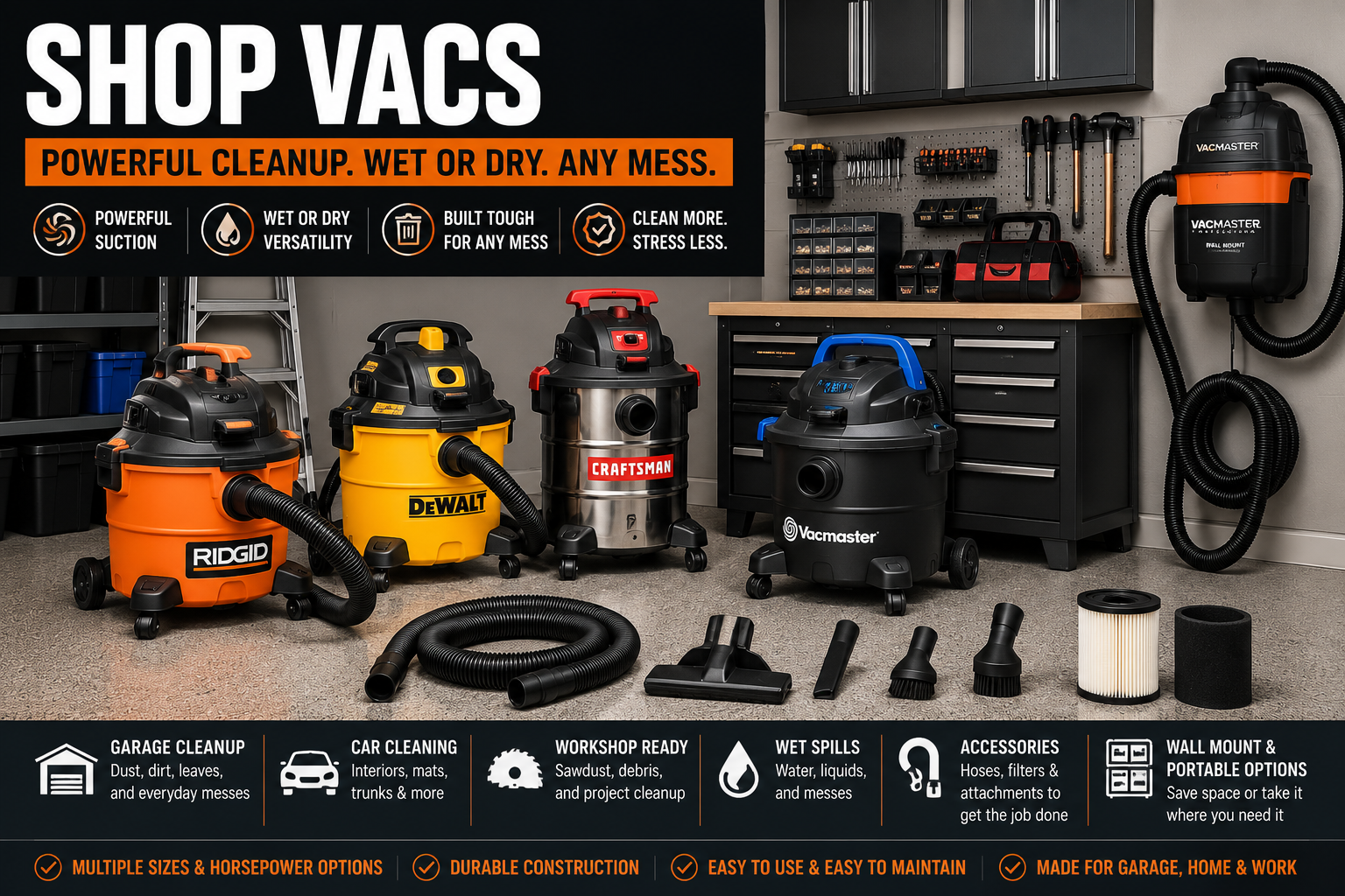 Shop vacs collection featuring wet dry vacuums, garage vacuums, workshop vacuums, car cleaning vacuums, hoses, attachments, and garage cleanup products.
