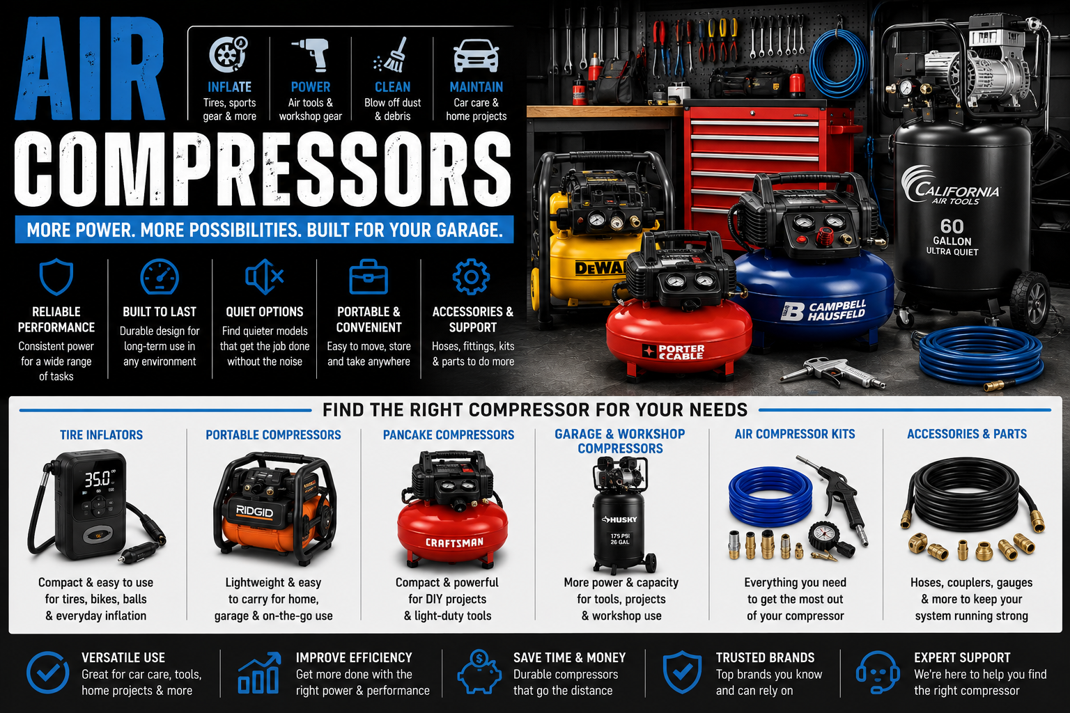 Air compressors collection featuring portable air compressors, garage compressors, tire inflators, pancake compressors, workshop compressors, hoses, and air tools.