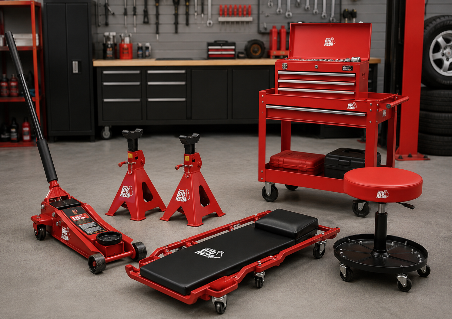Big Red tools collection featuring garage jacks, jack stands, tool boxes, tool carts, creepers, mechanic stools, organizers, and automotive garage equipment.