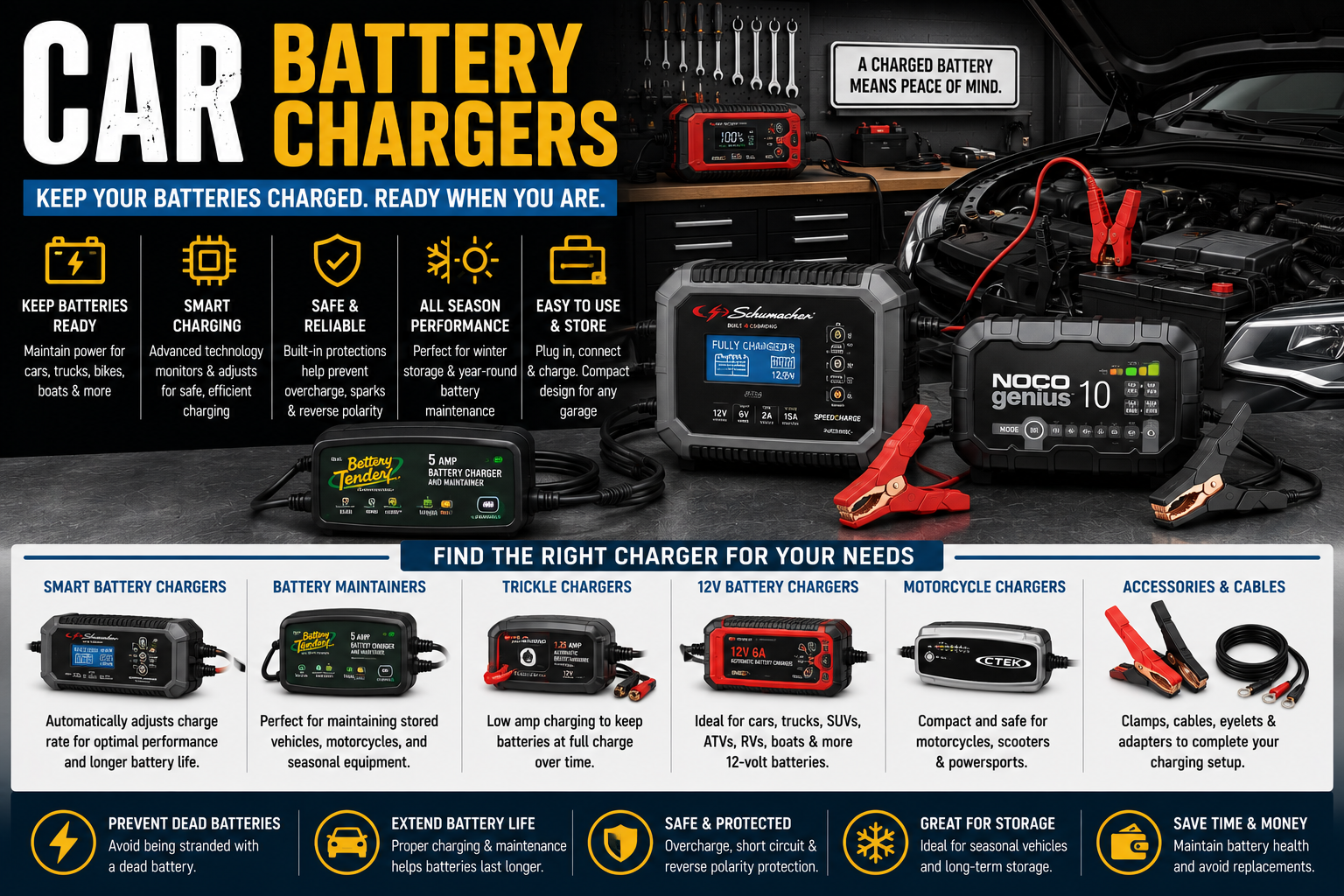 Car battery chargers collection featuring smart battery chargers, trickle chargers, battery maintainers, 12V chargers, garage chargers, clamps, and car care products.