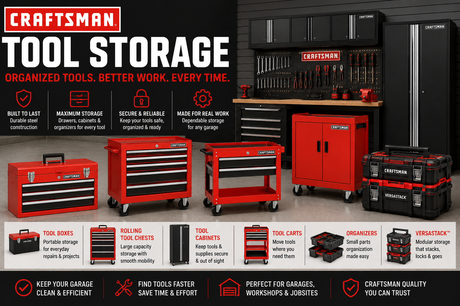Craftsman tool storage collection featuring rolling tool boxes, tool chests, garage tool cabinets, mechanic boxes, drawers, carts, and organized garage tools.