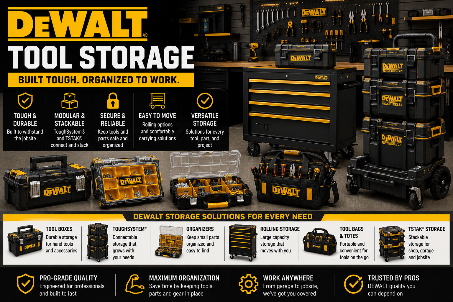 DEWALT tool storage collection featuring rolling tool boxes, ToughSystem organizers, portable tool boxes, tool bags, garage storage, and organized workshop tools.