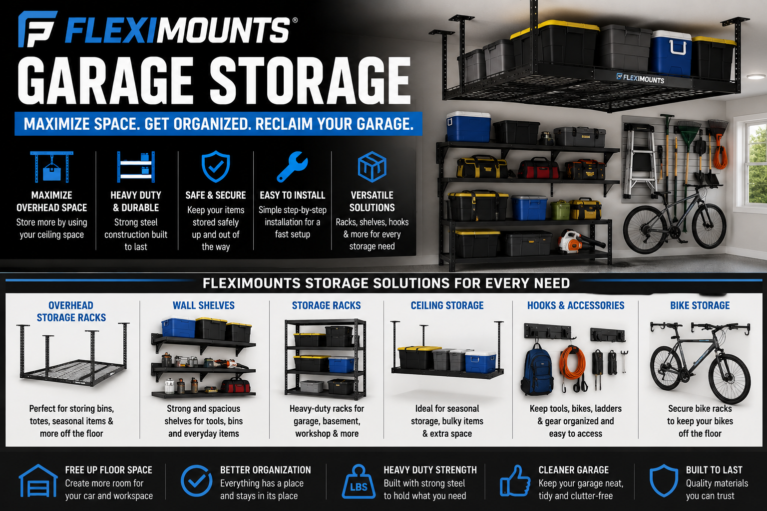 FLEXIMOUNTS garage storage collection featuring overhead garage storage racks, ceiling storage, wall shelves, heavy-duty racks, hooks, and organized garage storage.