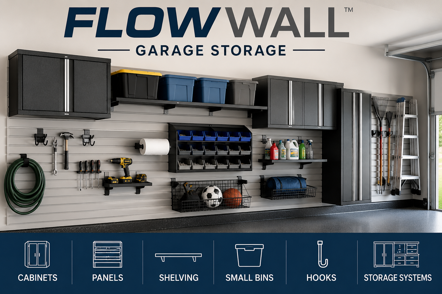 Flow Wall garage storage collection featuring wall panels, garage cabinets, shelving, organizers, small bins, storage systems, and garage wall organization products.