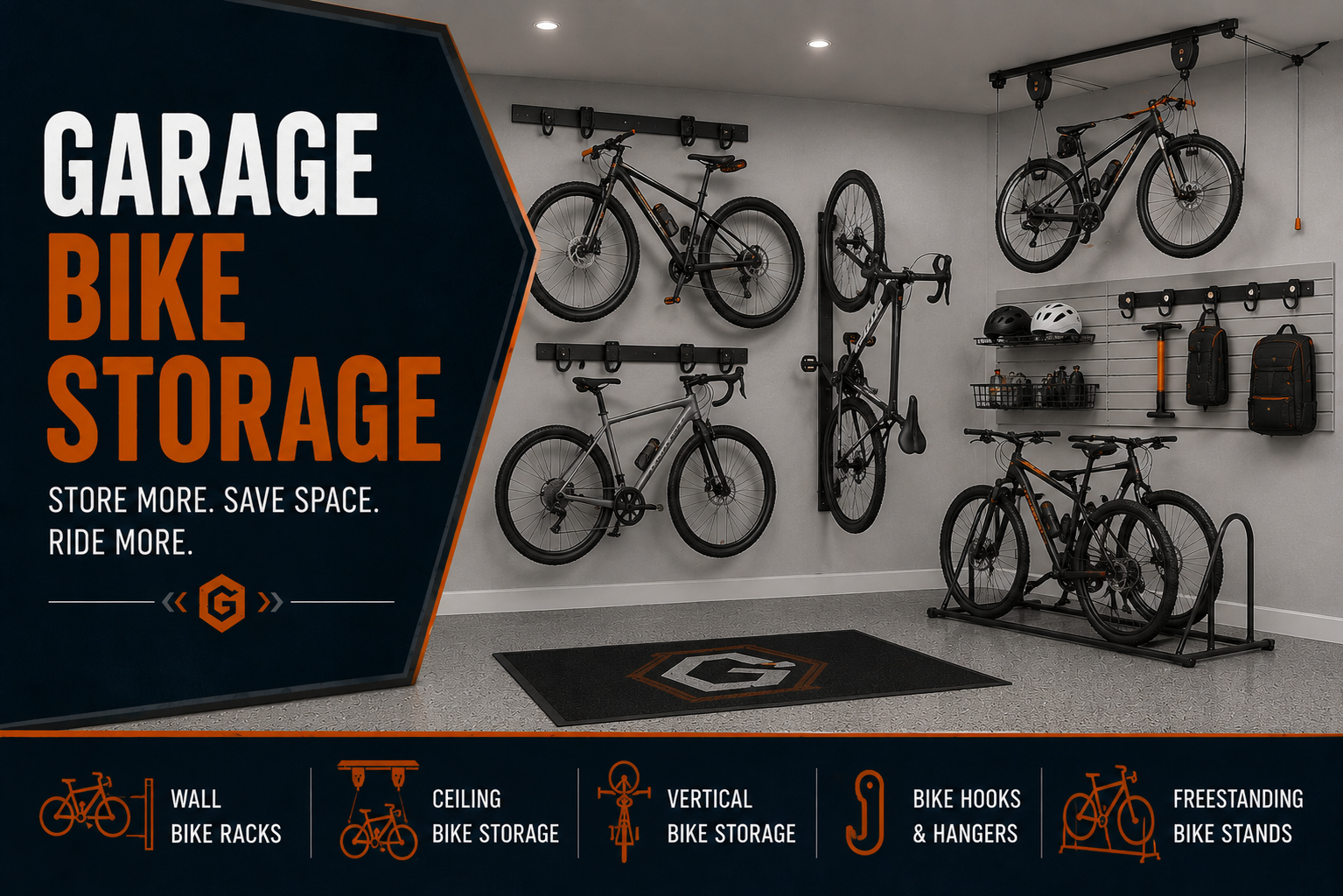 Garage bike storage collection featuring wall bike racks, ceiling bike storage, vertical bike hooks, bike stands, garage wall storage, and organized bicycle storage.