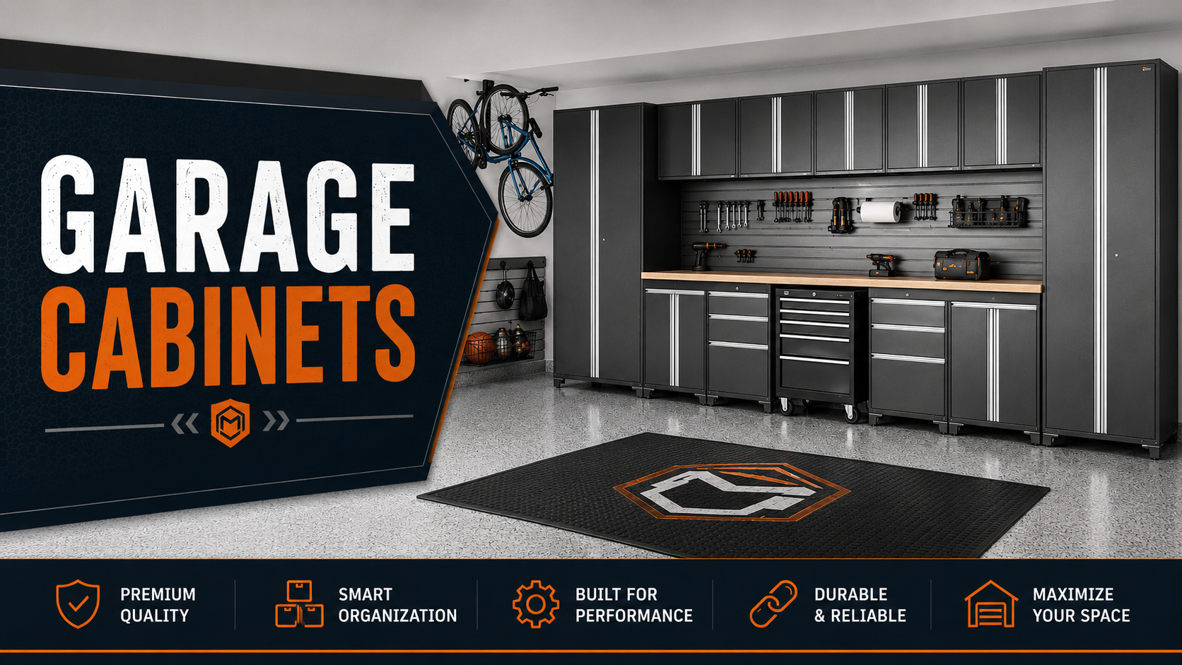 Garage cabinets collection featuring steel garage cabinets, wall cabinets, tall storage cabinets, rolling cabinets, tool cabinets, and organized garage storage.