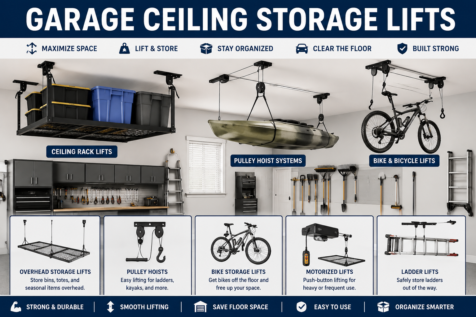 Garage ceiling storage lifts collection featuring overhead rack lifts, pulley hoists, bike lifts, ladder ceiling storage, motorized lifts, and garage ceiling storage systems.