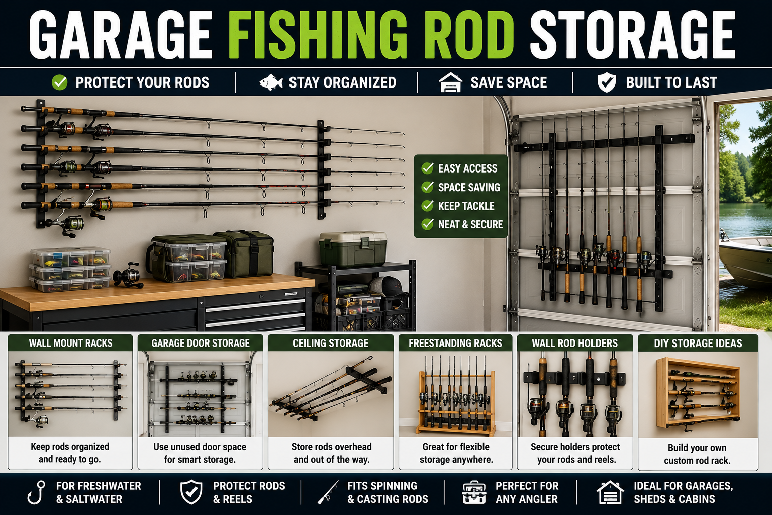 Garage fishing rod storage collection featuring fishing rod racks, wall holders, garage door storage, ceiling rod storage, pole holders, and fishing gear organizers.