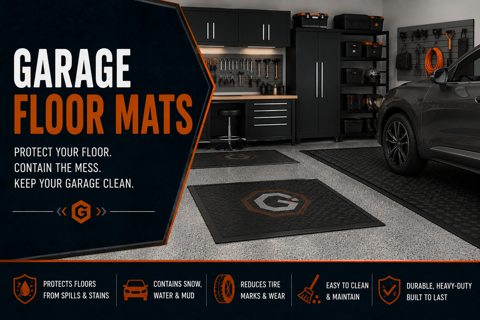 Garage floor mats collection featuring rubber garage floor mats, containment mats, tire mats, car mats, winter mats, and garage floor protection.