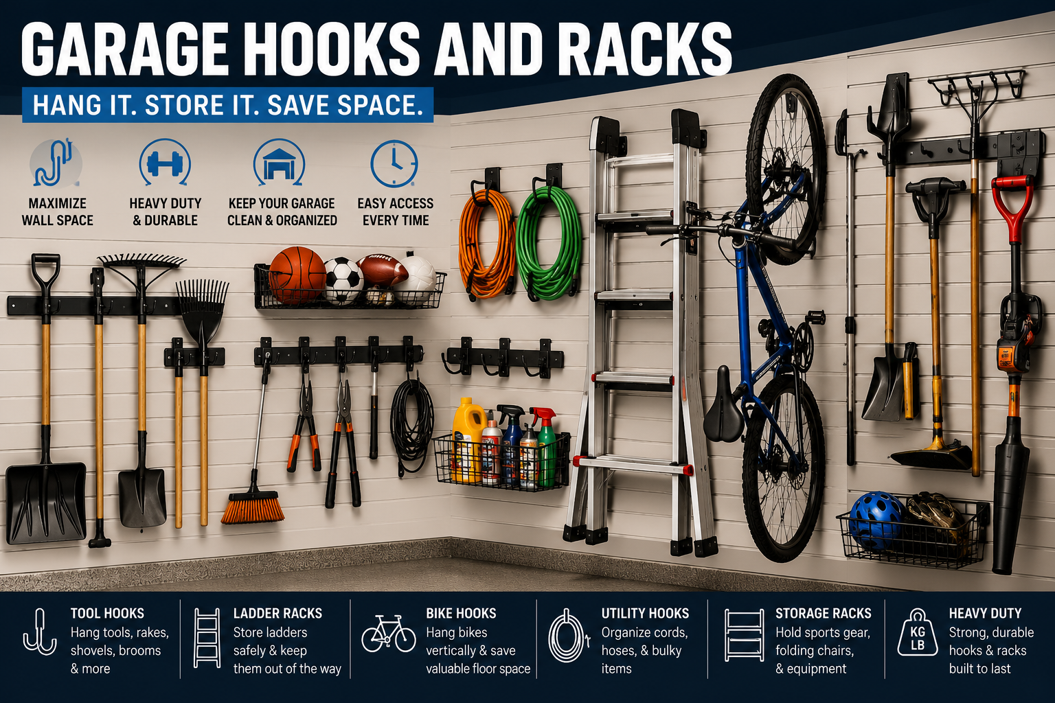 Garage hooks and racks collection featuring wall hooks, tool racks, bike hooks, ladder racks, storage hooks, utility racks, and organized garage wall storage.