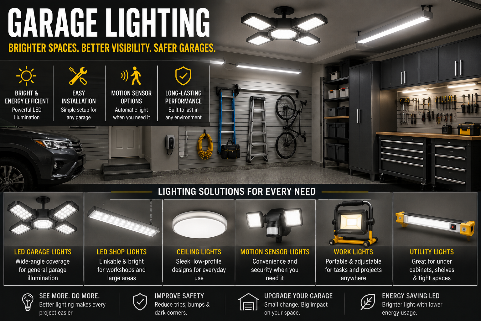 Garage lighting collection featuring LED shop lights, ceiling lights, motion sensor garage lights, work lights, utility lights, and bright garage workspace lighting.