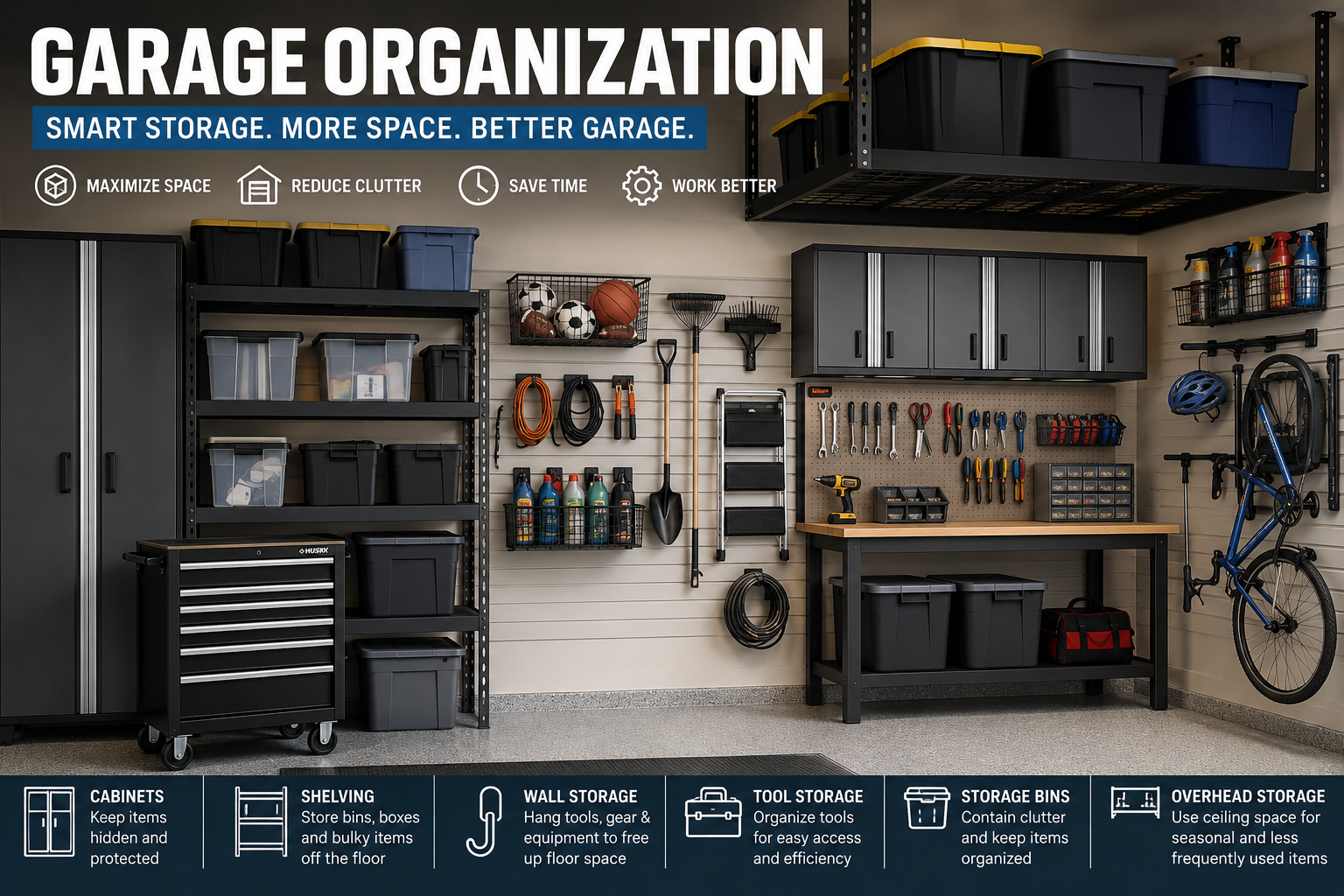 Garage organization collection featuring storage shelves, garage cabinets, wall organizers, hooks, racks, bins, tool storage, workbenches, and organized garage products.