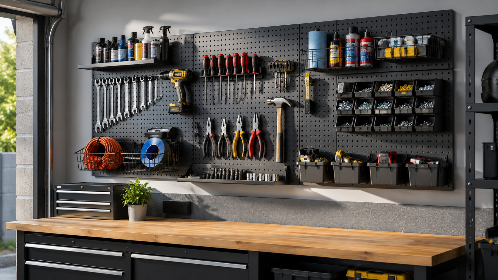 Garage pegboard storage collection featuring wall pegboard panels, metal pegboards, hooks, baskets, bins, trays, and garage tool organizers.