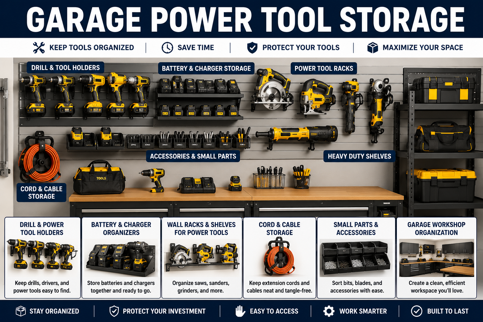 Garage power tool storage collection featuring power tool racks, drill holders, cordless tool organizers, battery storage, wall hooks, shelves, and garage workshop storage.