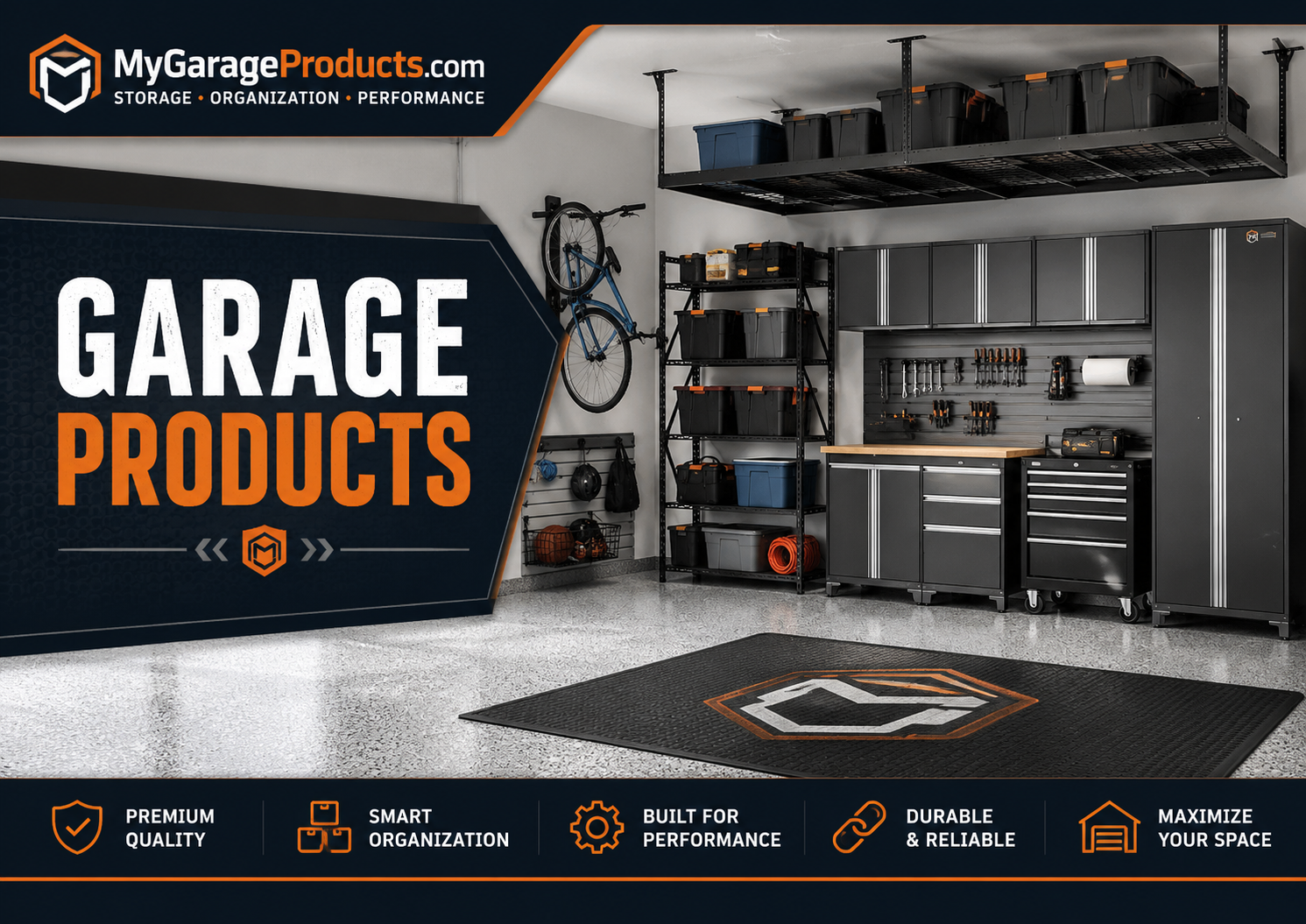 Garage products collection featuring organized garage storage shelves, cabinets, workbench, tool storage, overhead racks, bike storage, storage bins, and garage floor mats.