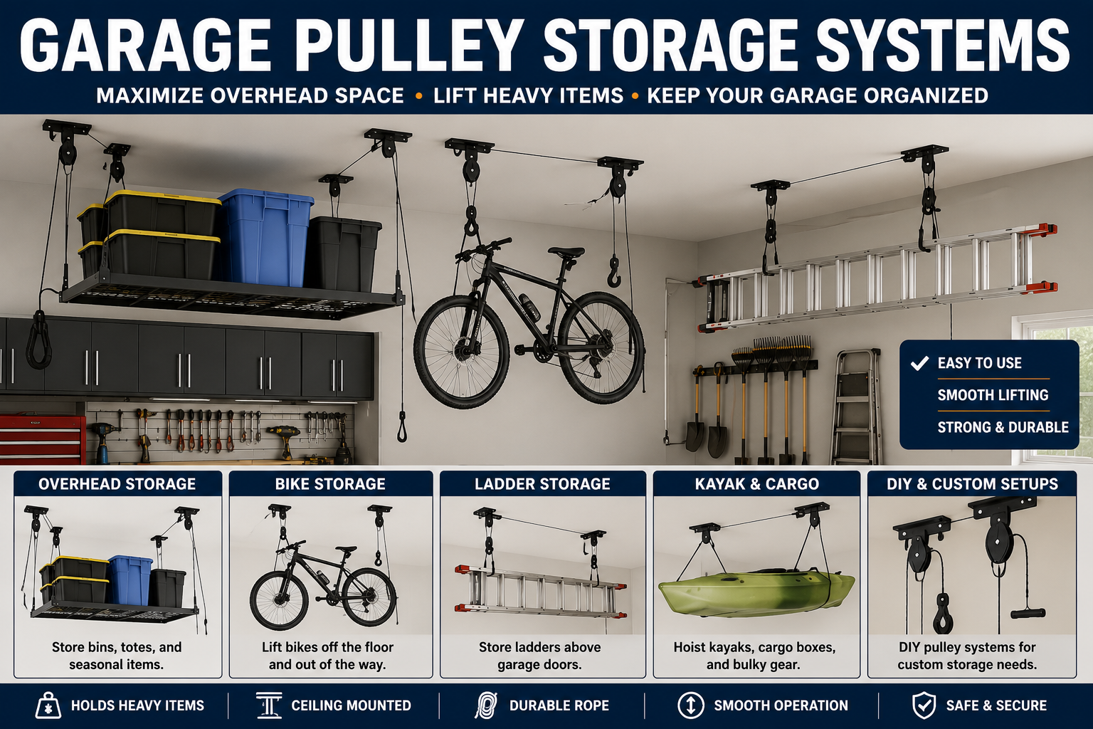 Garage pulley storage systems collection featuring overhead pulley storage racks, ceiling hoists, bike pulley lifts, ladder storage systems, and garage ceiling storage lifts.