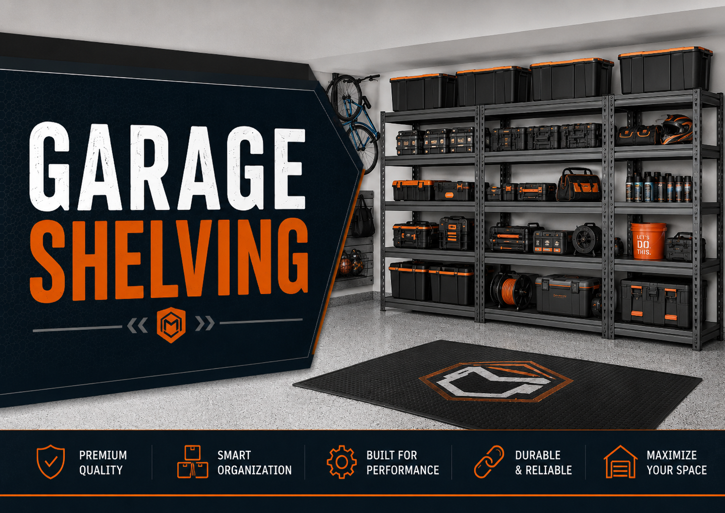 Garage shelving collection featuring heavy-duty garage shelves, metal shelving units, storage bins, wall shelves, and organized garage storage.