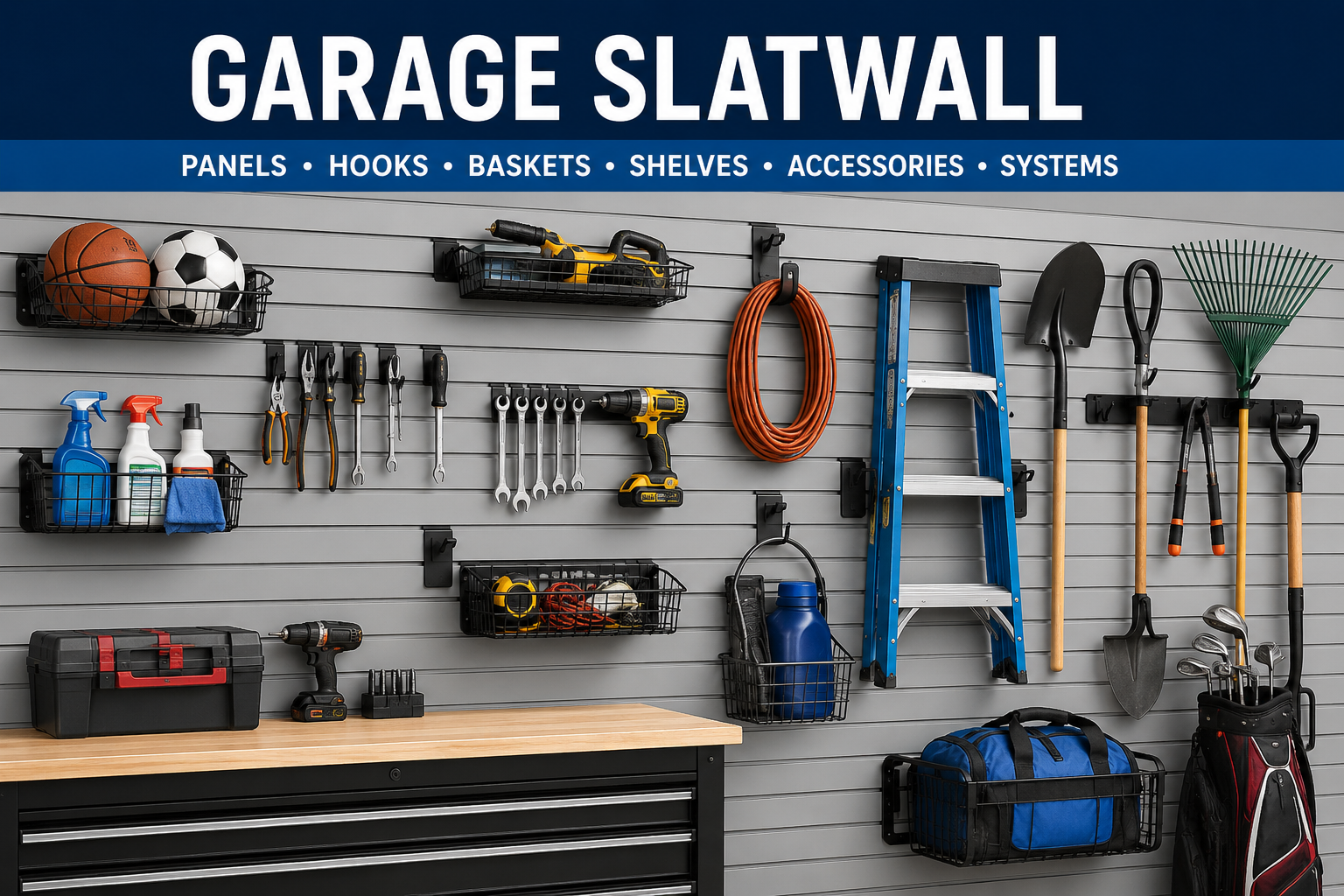 Garage slatwall collection featuring slatwall panels, hooks, brackets, racks, baskets, golf club storage, accessories, and wall organizer systems.