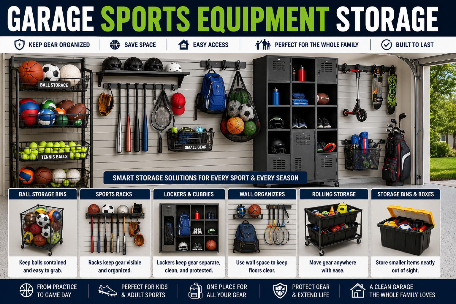 Garage sports equipment storage collection featuring sports racks, ball bins, garage gear organizers, lockers, rolling storage carts, and wall storage systems.