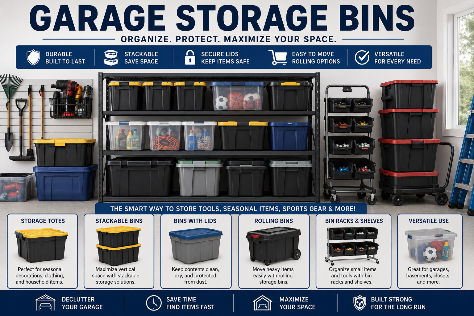 Garage storage bins collection featuring plastic storage bins, stackable totes, bins with lids, rolling bin racks, storage shelves, and garage organization containers.