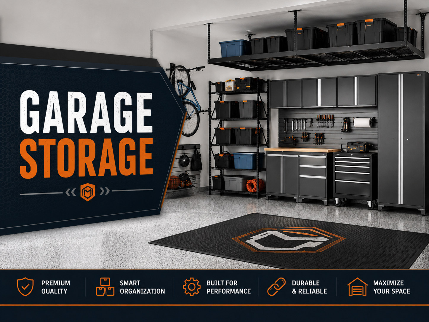 Garage storage collection featuring garage cabinets, shelving, overhead racks, wall storage, storage bins, tool organizers, bike storage, and garage floor mats.