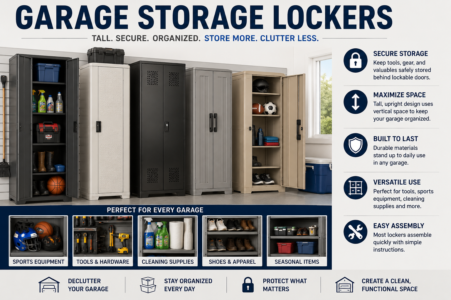 Garage storage lockers collection featuring upright storage lockers, narrow garage lockers, plastic utility lockers, sports equipment lockers, and tall garage cabinets.