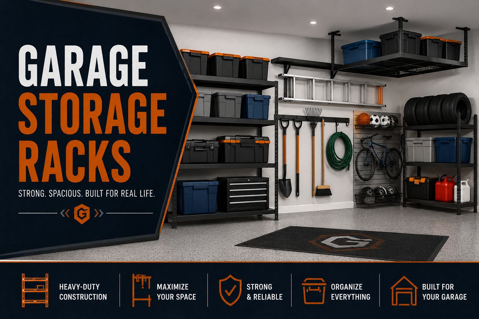 Garage storage racks collection featuring heavy-duty garage racks, wall racks, storage shelves, tool racks, sports gear racks, and organized garage storage.