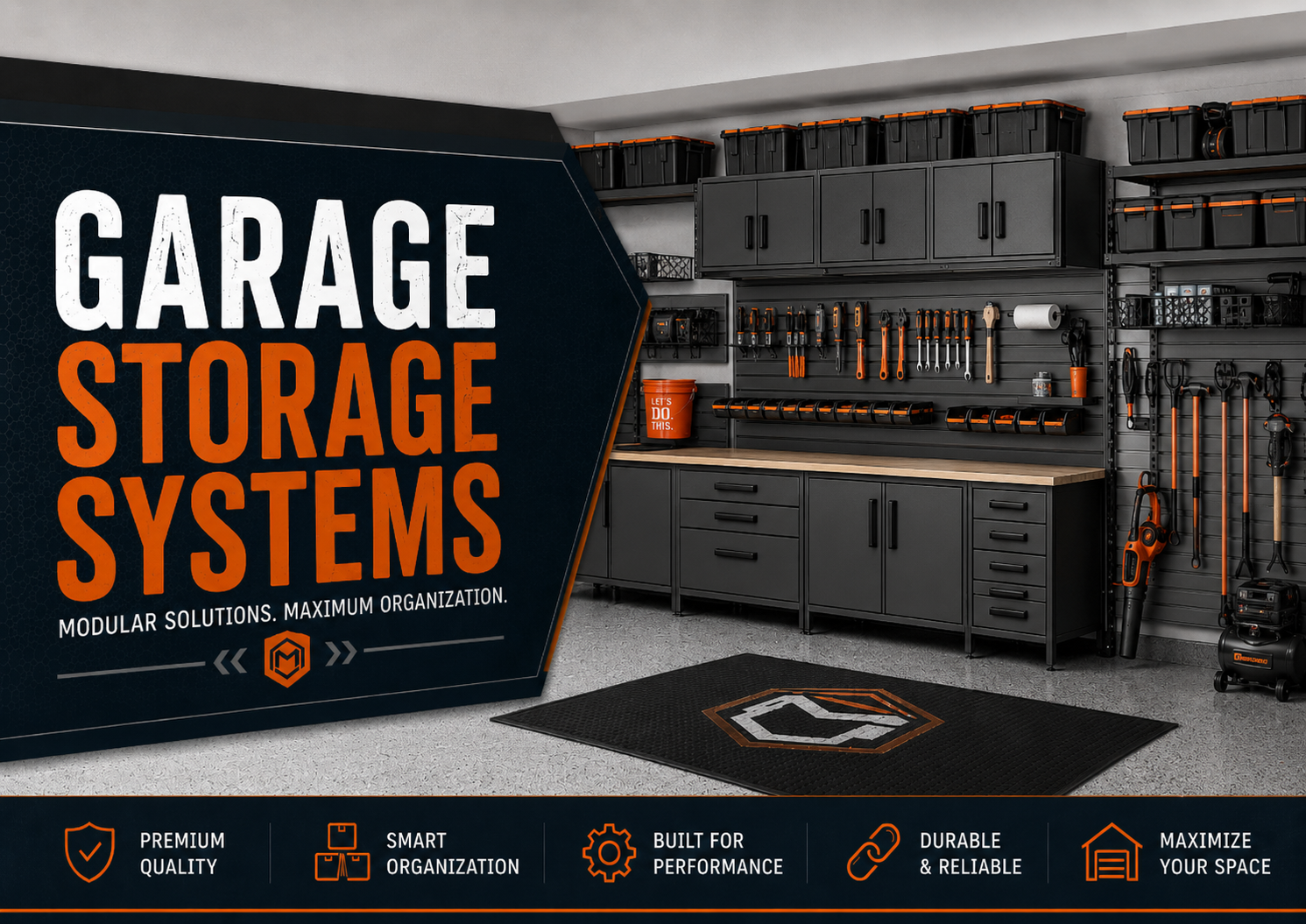 Garage storage systems collection featuring modular garage cabinets, wall panels, shelves, hooks, tool storage, bins, racks, and organized garage wall systems.