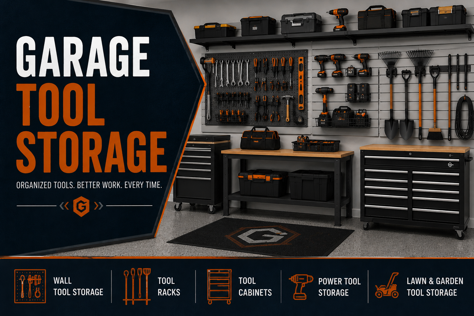 Garage tool storage collection featuring wall tool organizers, tool racks, garage tool cabinets, pegboards, hooks, power tool storage, and lawn tool storage.