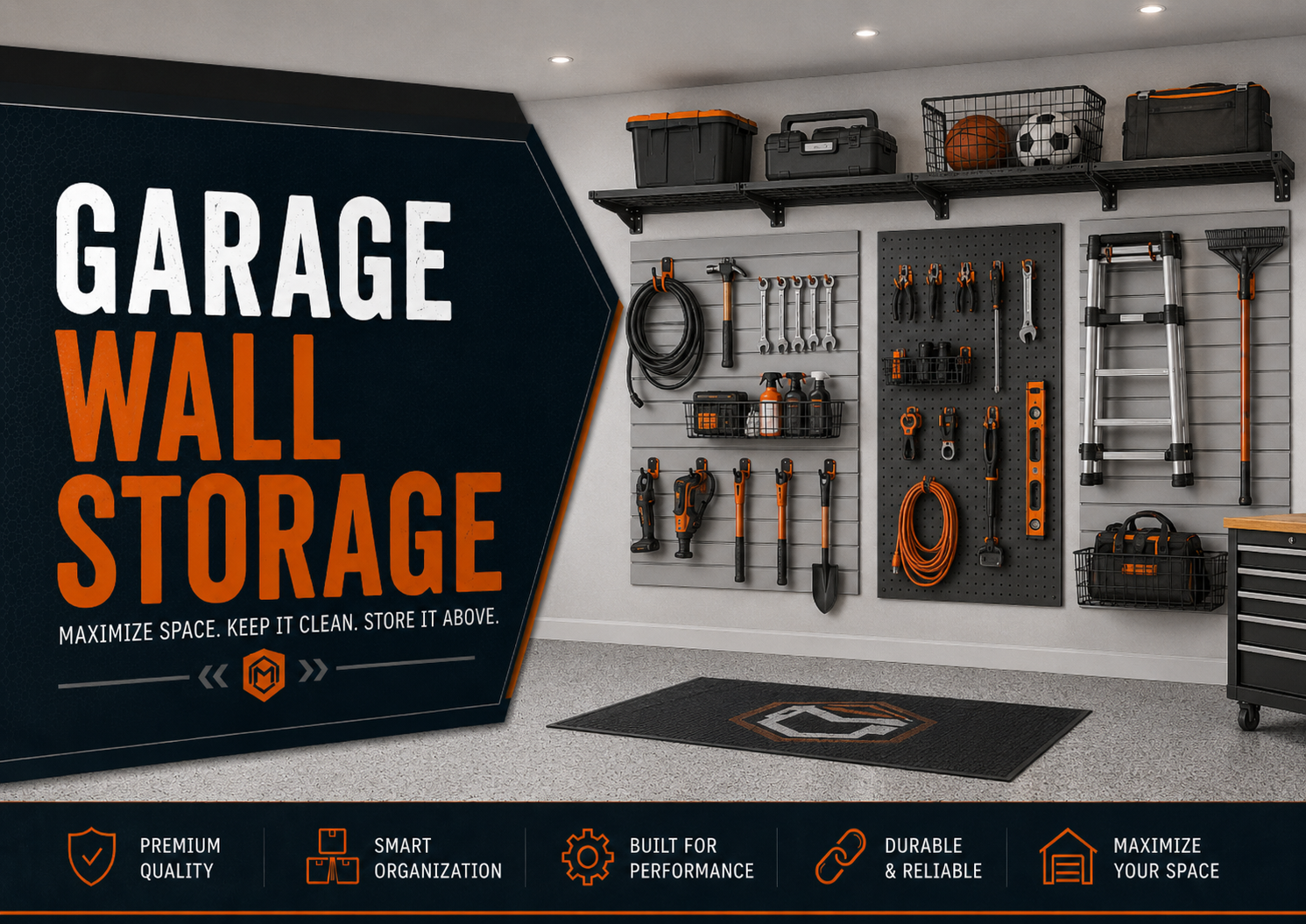 Garage wall storage collection featuring pegboards, wall hooks, slatwall panels, rail systems, wall racks, tool organizers, baskets, and organized garage storage.